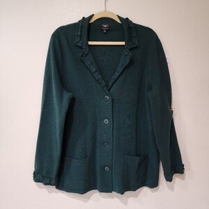 Talbots Woman 100% Merino Wool Knit Sweater Blazer Forest Green Ruffle Trim 2X